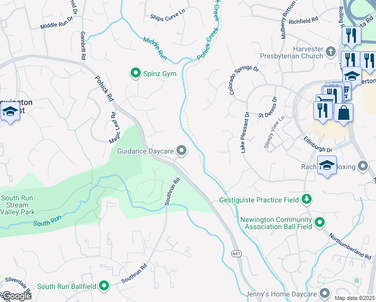 map of restaurants, bars, coffee shops, grocery stores, and more near 8103 Clifforest Drive in Springfield