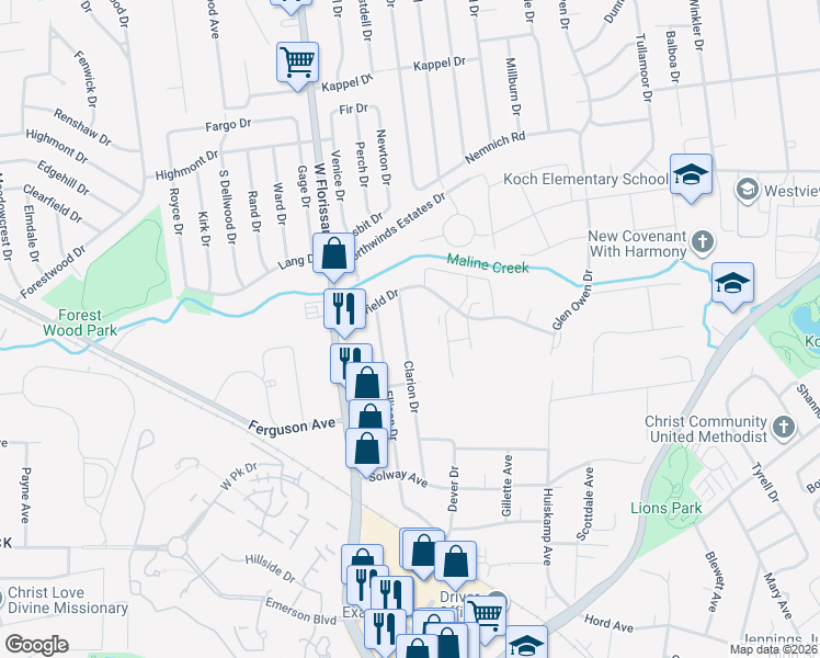 map of restaurants, bars, coffee shops, grocery stores, and more near 9301 Clarion Drive in St. Louis
