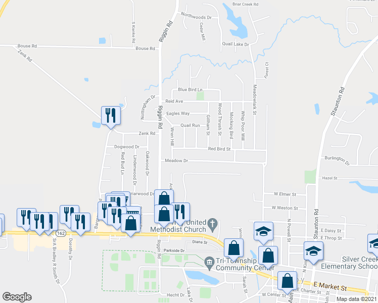 map of restaurants, bars, coffee shops, grocery stores, and more near 426 Red Bird Street in Troy