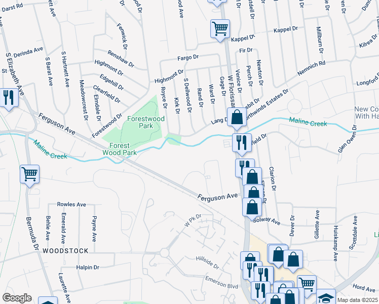 map of restaurants, bars, coffee shops, grocery stores, and more near 845 Ferguson Avenue in Ferguson