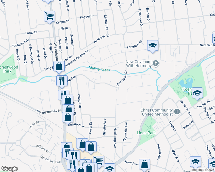 map of restaurants, bars, coffee shops, grocery stores, and more near 1724 Windward Court in St. Louis