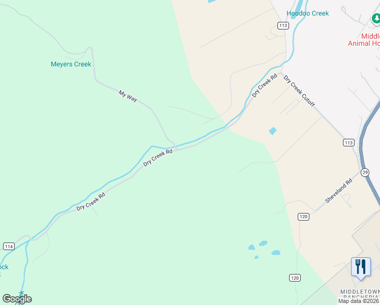 map of restaurants, bars, coffee shops, grocery stores, and more near 14452 Dry Creek Road in Middletown