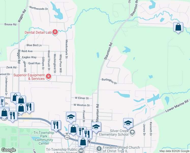 map of restaurants, bars, coffee shops, grocery stores, and more near 8300 Burlington Drive in Troy