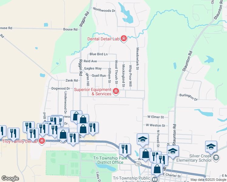 map of restaurants, bars, coffee shops, grocery stores, and more near 411 Meadow Drive in Troy