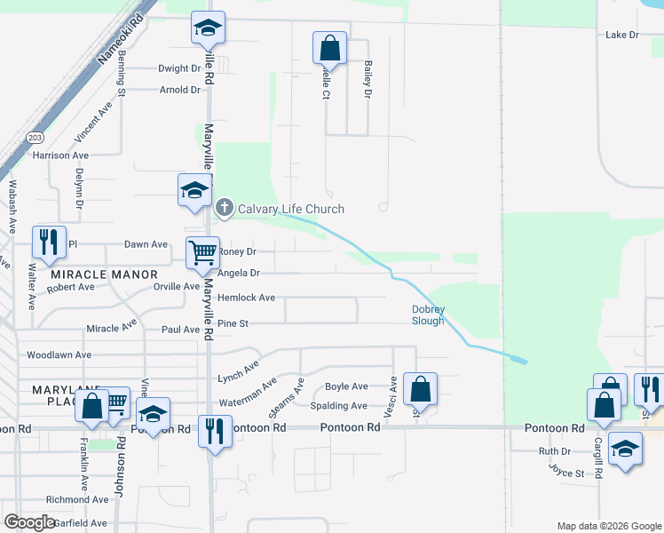 map of restaurants, bars, coffee shops, grocery stores, and more near 2605 Angela Drive in Granite City