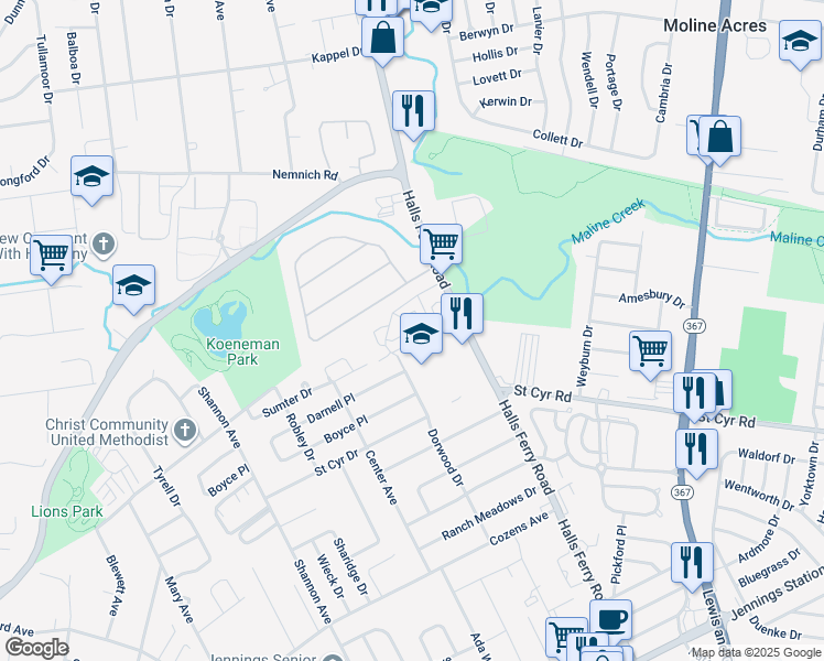 map of restaurants, bars, coffee shops, grocery stores, and more near 9243 Hemis Fair Drive in St. Louis