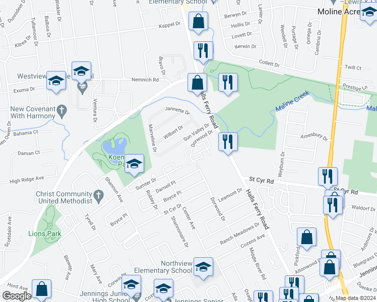 map of restaurants, bars, coffee shops, grocery stores, and more near 9150 Hemis Fair Drive in St. Louis