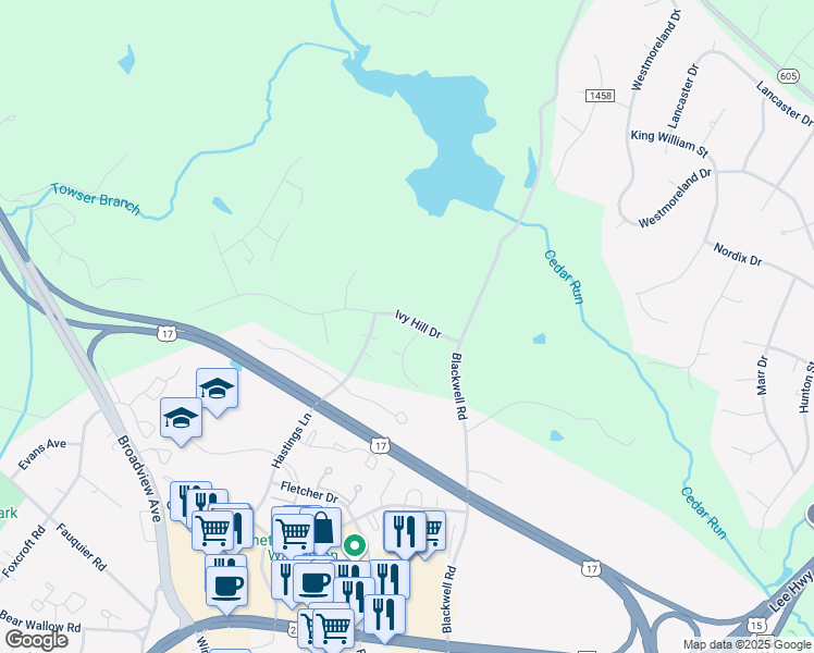 map of restaurants, bars, coffee shops, grocery stores, and more near 7234 Periwinkle Court in Warrenton