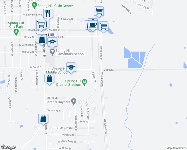 map of restaurants, bars, coffee shops, grocery stores, and more near 21600 South Main Street in Spring Hill