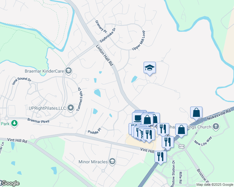 map of restaurants, bars, coffee shops, grocery stores, and more near 10117 Crashing Thunder Place in Nokesville