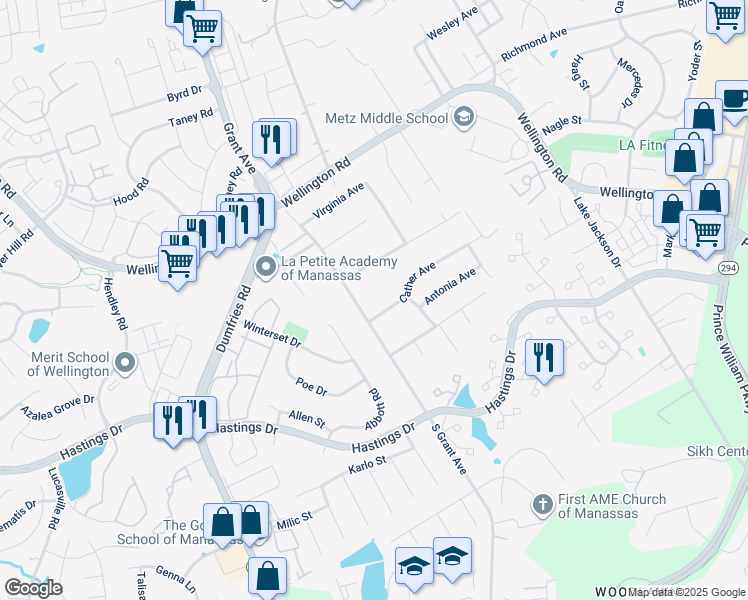 map of restaurants, bars, coffee shops, grocery stores, and more near 10017 Grant Avenue in Manassas