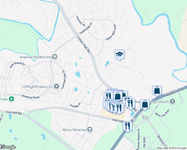 map of restaurants, bars, coffee shops, grocery stores, and more near 10117 Crashing Thunder Place in Nokesville