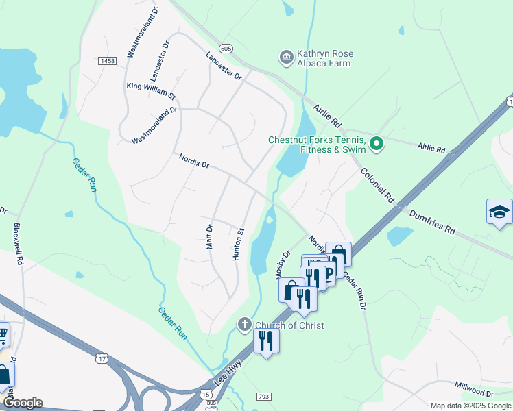 map of restaurants, bars, coffee shops, grocery stores, and more near 7229 Hunton Street in Warrenton