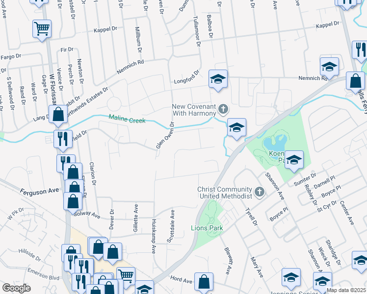 map of restaurants, bars, coffee shops, grocery stores, and more near 2655 Daman Court in St. Louis