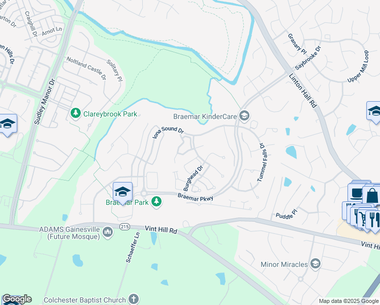 map of restaurants, bars, coffee shops, grocery stores, and more near 12505 Heykens Lane in Bristow