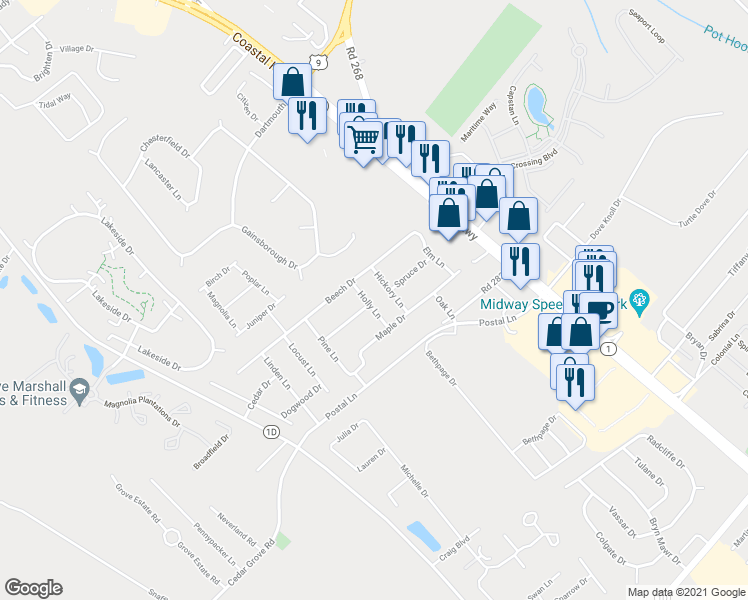 map of restaurants, bars, coffee shops, grocery stores, and more near 18231 Holly Lane in Lewes