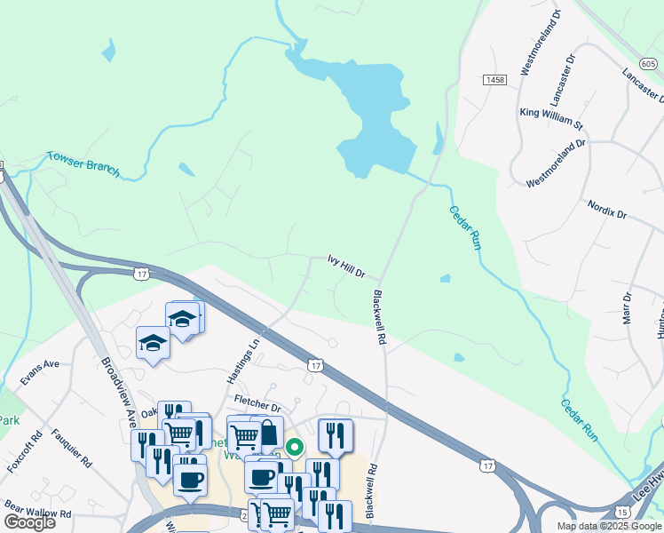 map of restaurants, bars, coffee shops, grocery stores, and more near 7234 Periwinkle Court in Warrenton