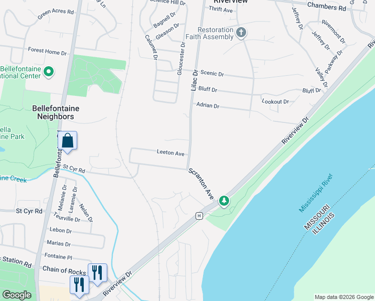 map of restaurants, bars, coffee shops, grocery stores, and more near 500 Leeton Avenue in St. Louis