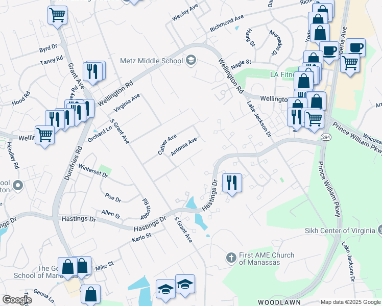 map of restaurants, bars, coffee shops, grocery stores, and more near 8856 Olde Mill Run Road in Manassas
