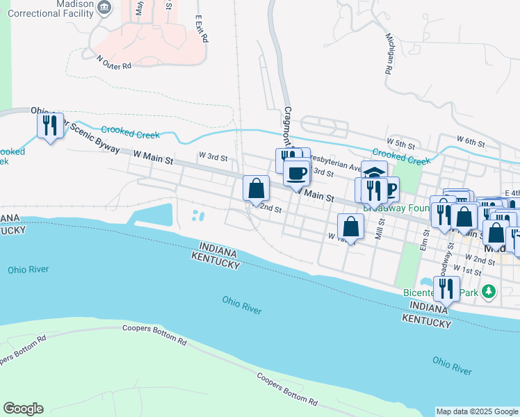 map of restaurants, bars, coffee shops, grocery stores, and more near 118 West 1st Street in Madison