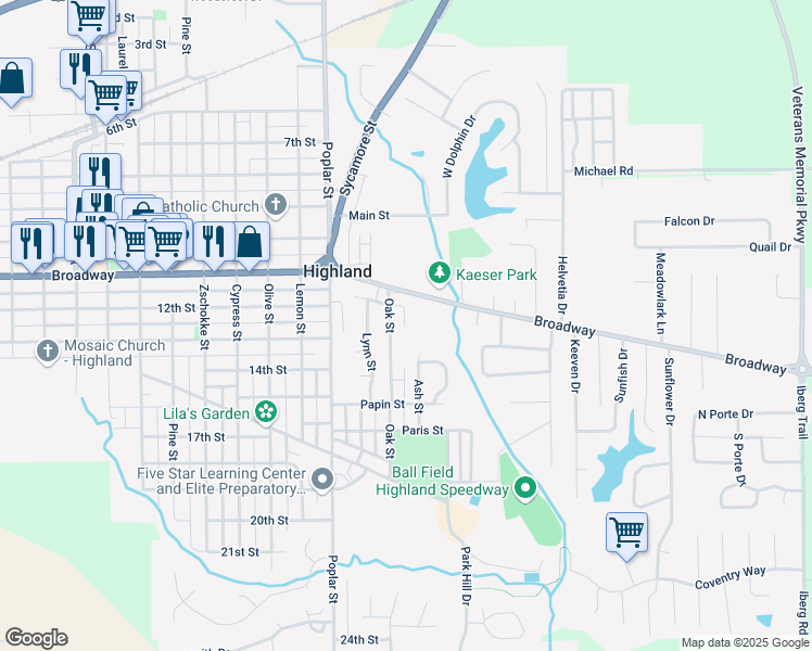 map of restaurants, bars, coffee shops, grocery stores, and more near 1217 El Kay Court in Highland