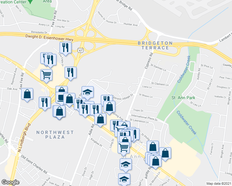 map of restaurants, bars, coffee shops, grocery stores, and more near 11346 Cypress Village Drive in Bridgeton