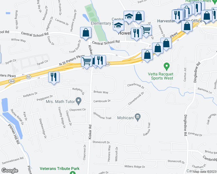 map of restaurants, bars, coffee shops, grocery stores, and more near 103 Britain Way in Saint Charles