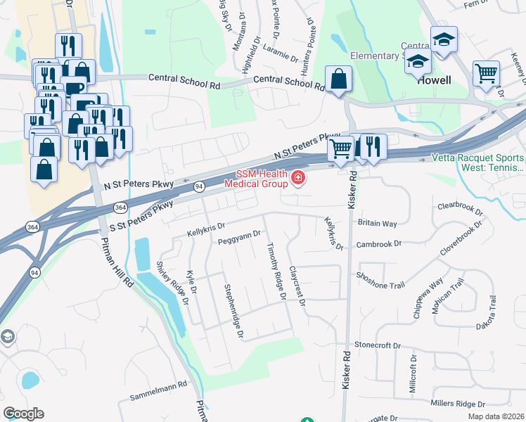 map of restaurants, bars, coffee shops, grocery stores, and more near in St. Peters