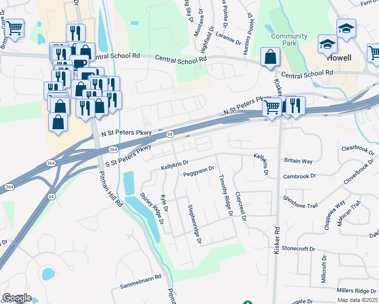 map of restaurants, bars, coffee shops, grocery stores, and more near 4690 Kellykris Drive in St. Peters
