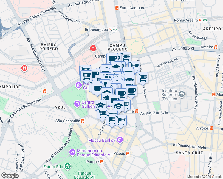 map of restaurants, bars, coffee shops, grocery stores, and more near in Lisbon