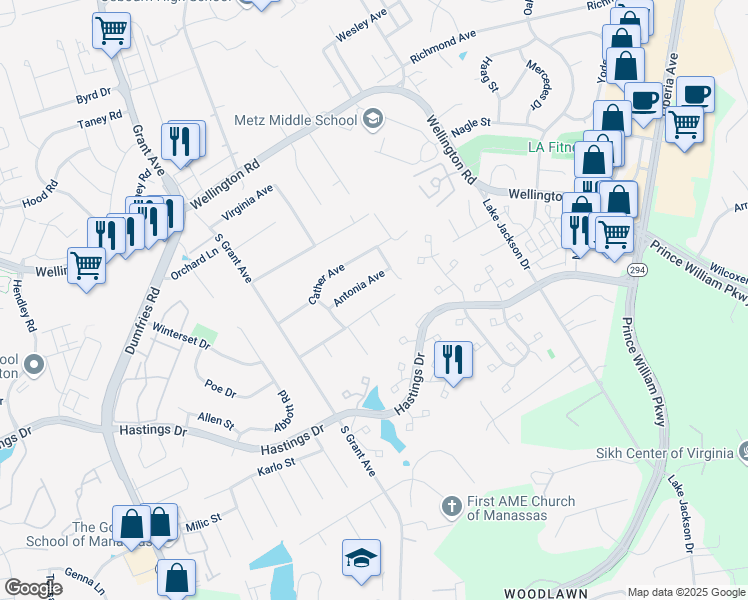 map of restaurants, bars, coffee shops, grocery stores, and more near 8856 Olde Mill Run Road in Manassas