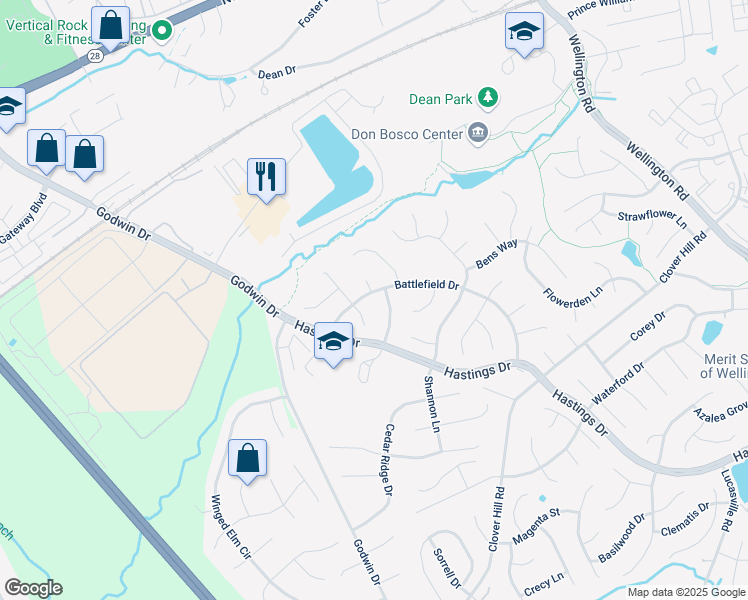 map of restaurants, bars, coffee shops, grocery stores, and more near 10250 Battlefield Drive in Manassas