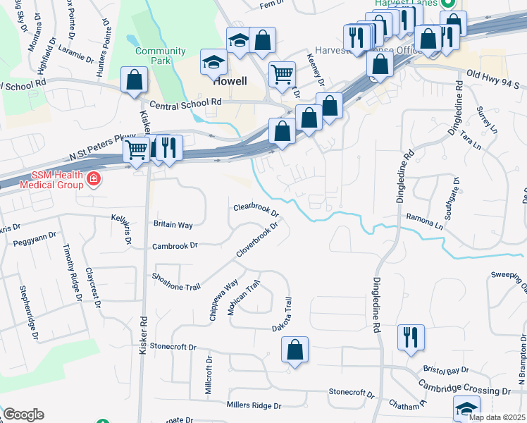 map of restaurants, bars, coffee shops, grocery stores, and more near 4585 Clearbrook Drive in Saint Charles