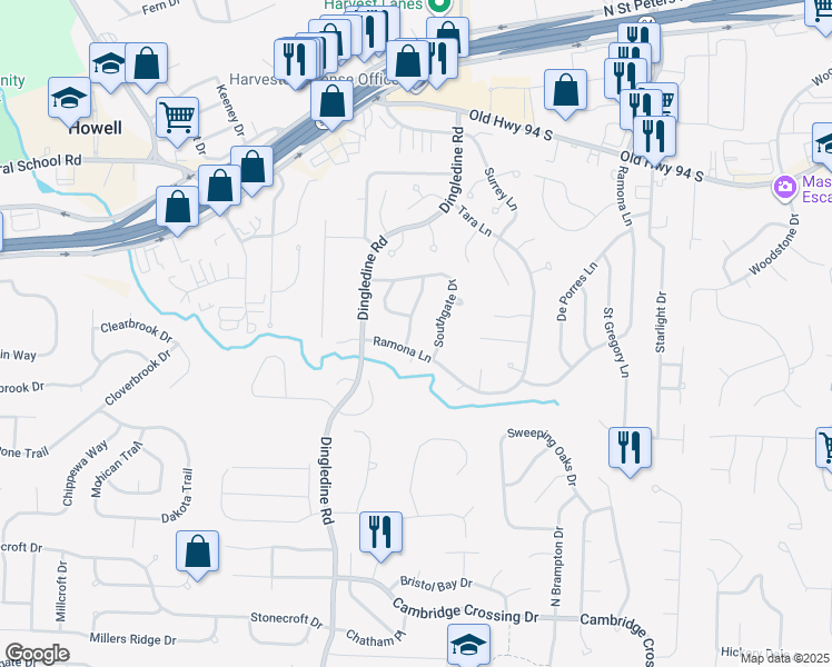 map of restaurants, bars, coffee shops, grocery stores, and more near 1334 Thornwood Drive in Saint Charles