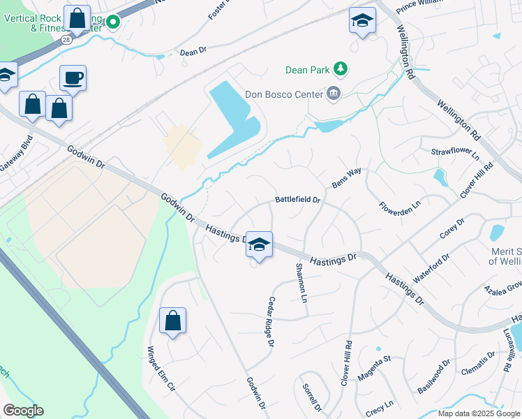 map of restaurants, bars, coffee shops, grocery stores, and more near 10250 Battlefield Drive in Manassas