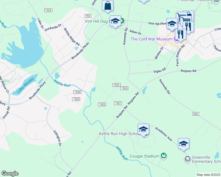 map of restaurants, bars, coffee shops, grocery stores, and more near 7240 North Starcrest Drive in Warrenton