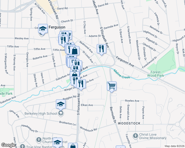 map of restaurants, bars, coffee shops, grocery stores, and more near 28 Lee Avenue in Ferguson
