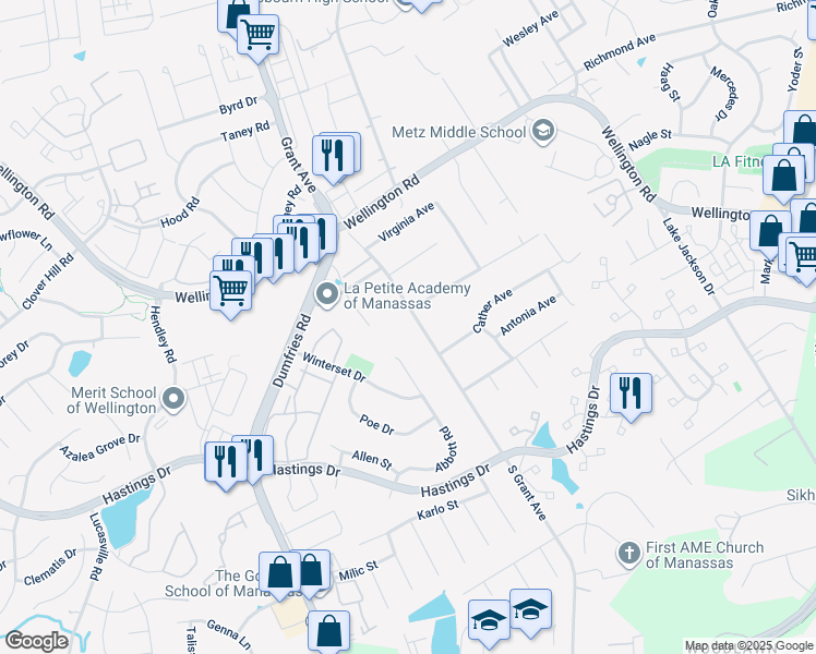 map of restaurants, bars, coffee shops, grocery stores, and more near 10008 South Grant Avenue in Manassas