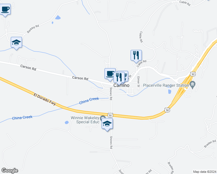 map of restaurants, bars, coffee shops, grocery stores, and more near 4079 Factory Loop in Camino