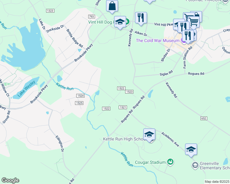 map of restaurants, bars, coffee shops, grocery stores, and more near 7240 North Starcrest Drive in Warrenton