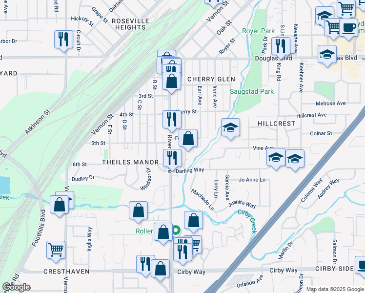 map of restaurants, bars, coffee shops, grocery stores, and more near 410 Clinton Avenue in Roseville