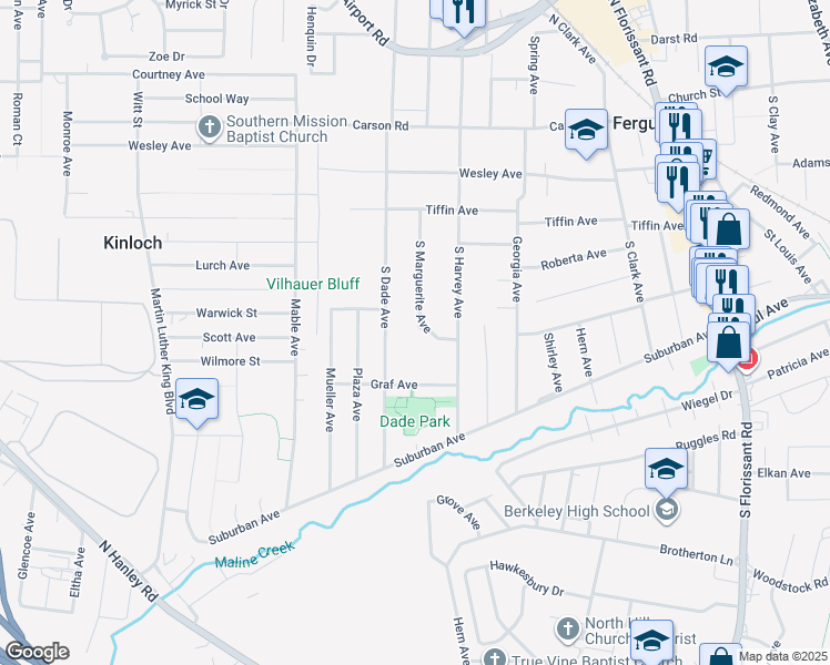 map of restaurants, bars, coffee shops, grocery stores, and more near 338 South Dade Avenue in Ferguson