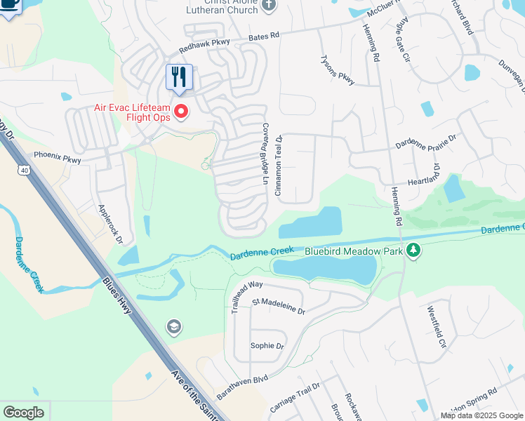 map of restaurants, bars, coffee shops, grocery stores, and more near 405 Covered Bridge Lane in O'Fallon