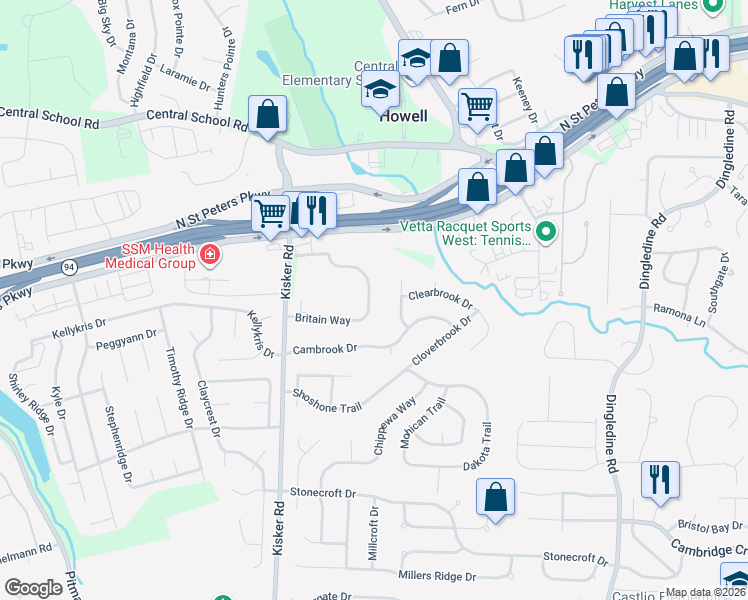 map of restaurants, bars, coffee shops, grocery stores, and more near 1400 Britain Way in Saint Charles