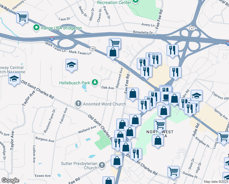 map of restaurants, bars, coffee shops, grocery stores, and more near 3810 Midview Avenue in Bridgeton