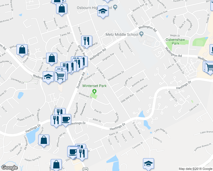 map of restaurants, bars, coffee shops, grocery stores, and more near 10008 South Grant Avenue in Manassas