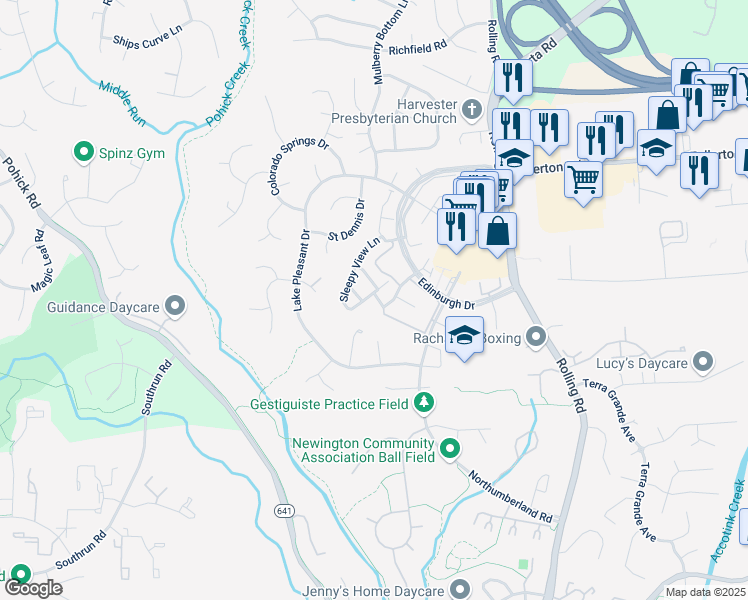 map of restaurants, bars, coffee shops, grocery stores, and more near 8118 Sleepy View Lane in Springfield