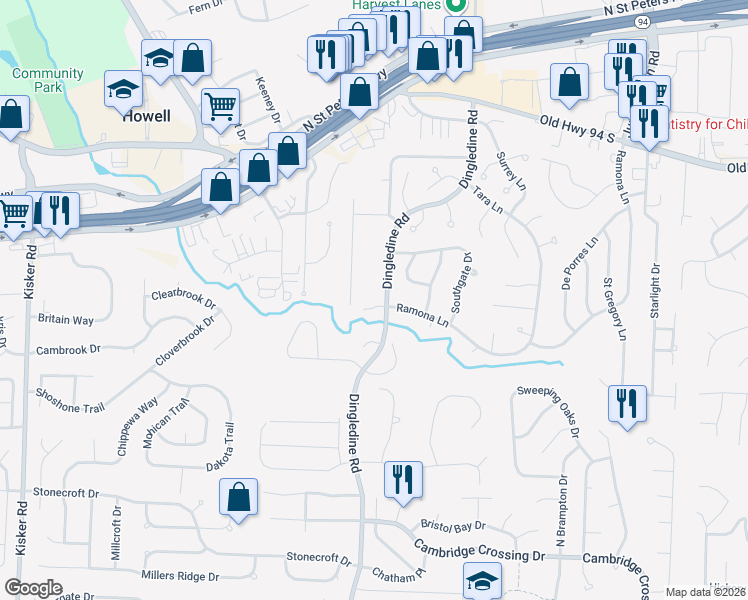 map of restaurants, bars, coffee shops, grocery stores, and more near 4001 Hathaway Place in St. Peters