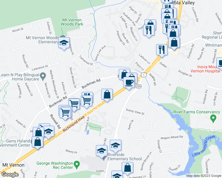 map of restaurants, bars, coffee shops, grocery stores, and more near 3513 Rolling Hills Avenue in Alexandria