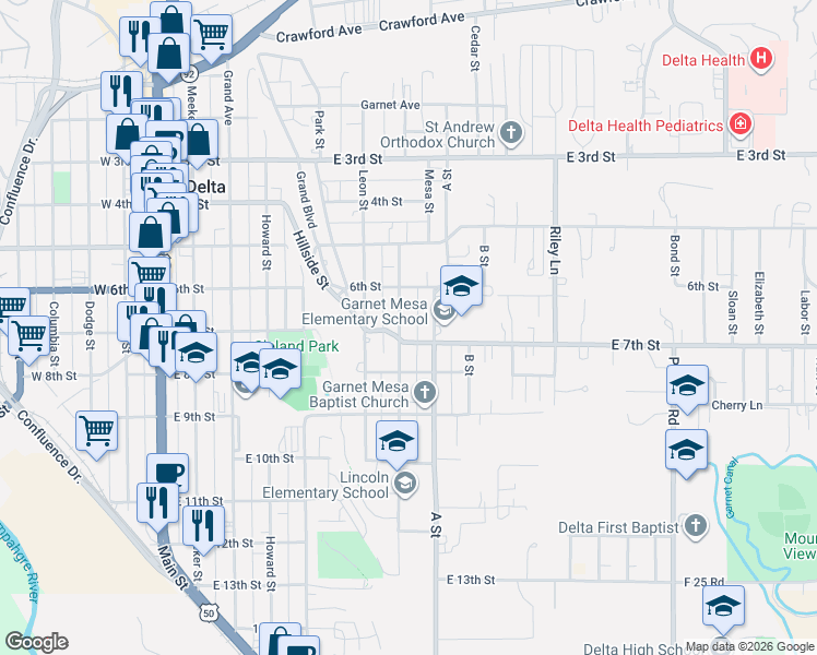 map of restaurants, bars, coffee shops, grocery stores, and more near 764 East 7th Street in Delta